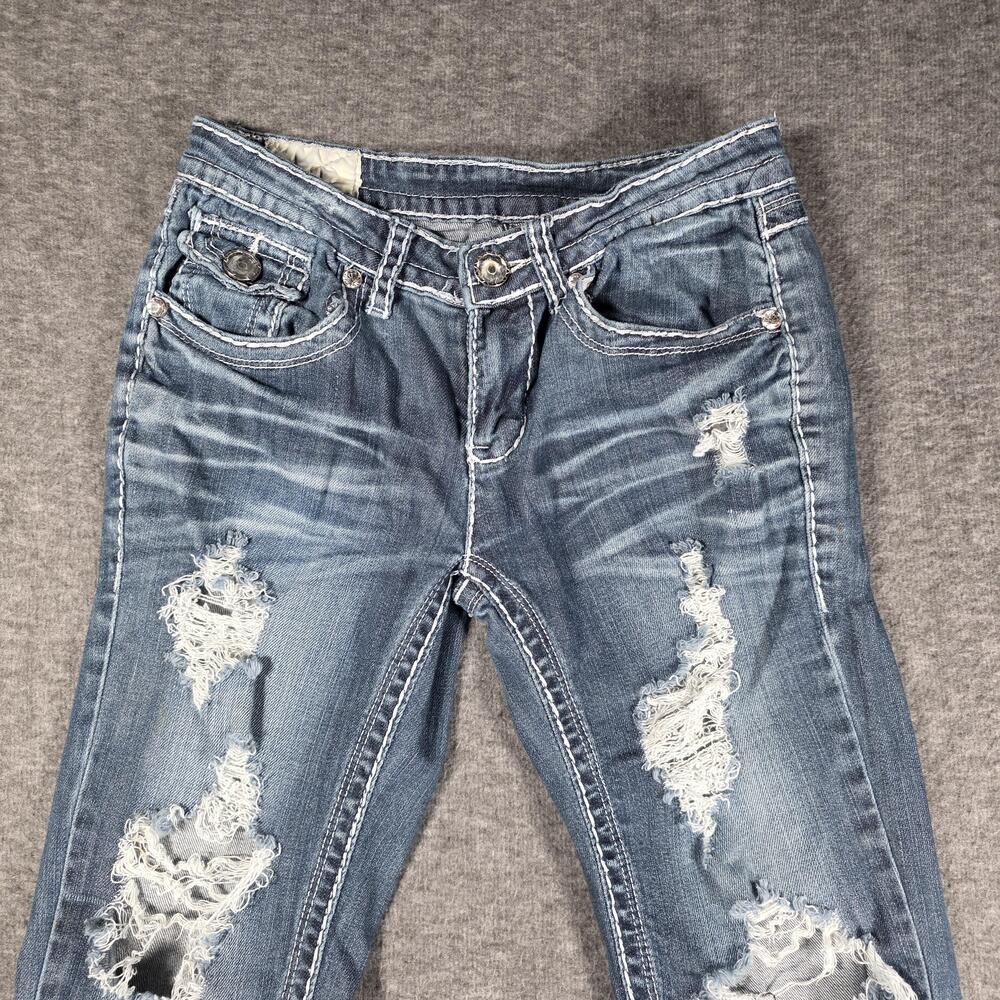 Machine Jeans Womens 25 Blue Distressed Straight Low Rise Stretch Medium Wash